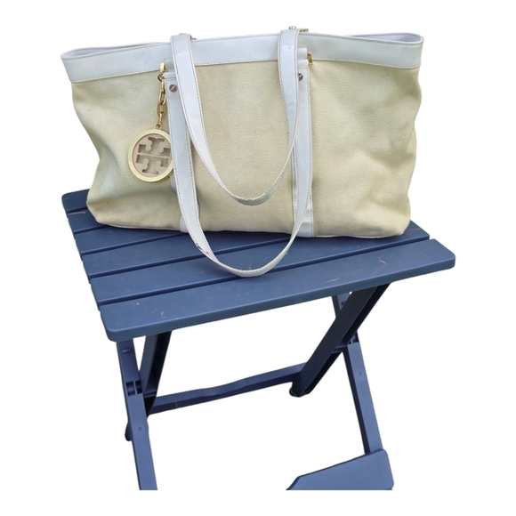 Tory Burch Jane Beige Canvas Leather Purse Tote Handbag Satchel Tan White Logo - Picture 2 of 16
